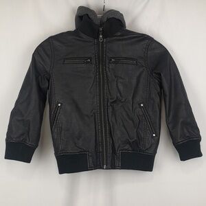 First Wave Black Soft Pleather Faux Leather Gray Hooded Streetwear Zip Up Jacket